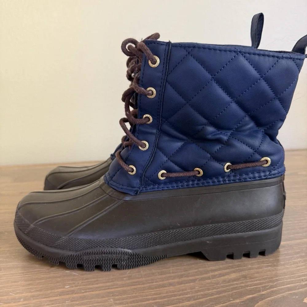 Sperry Womens 8 Brown Blue Quilted‎ Lace Up Waterproof Rubber Rain Winter Boots